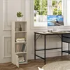 A tall, narrow bookshelf with four shelves and one door is placed next to a desk with a computer monitor in a room with a large window. Produktbild-Vorschau