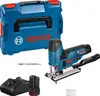 A Bosch cordless jigsaw kit is displayed against a white background, including the jigsaw, a battery, a charger, and a storage case. Produktbild-Vorschau
