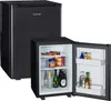 A black mini-refrigerator with its door open, showing contents inside, and another closed mini-refrigerator behind it. Produktbild-Vorschau