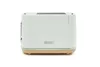 A white toaster with a wood-effect base is shown against a white background. Produktbild-Vorschau