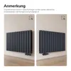 Two images of a dark gray radiator mounted on a light gray wall, showing different mounting orientations. Náhled obrázku produktu