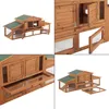 A collage of four images showing different views and details of a wooden rabbit hutch. Náhled obrázku produktu