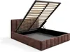 A brown upholstered bed frame with the mattress support mechanism lifted to reveal the storage space underneath. Voir les images du produit