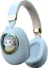 A pair of light blue wireless headphones with a cat figurine inside a transparent circle on one of the earcups. Voir les images du produit