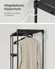 A split image showing a close-up of a product's safety feature (anti-tip strap) and the main product, a clothing rack with clothes hanging on it. Produktbild-Vorschau