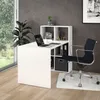 A modern white desk with a laptop and office supplies, set against a textured gray wall and a large window overlooking greenery. Podgląd zdjęcia produktu