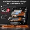 A cutaway view of a mini PC showing internal components like RAM and SSD, with overlaid text and graphics highlighting features. Produktbild-Vorschau