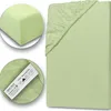 A light green fitted sheet is shown, with close-up insets of the fabric texture and a care label. Produktbild-Vorschau
