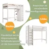 Collage of two images showing a white loft bed with a wardrobe and shelves, with text overlays in German. Produktbild-Vorschau