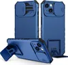 Multiple views of a blue iPhone 14 Plus case with a sliding camera cover and kickstand. Produktbild-Vorschau