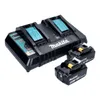 A black Makita dual battery charger with two turquoise battery slots, and two Makita 18V batteries in the foreground. Anteprima dell’immagine prodotto