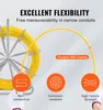 A yellow duct rodder is shown with text highlighting its features. Náhled obrázku produktu