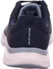 The back view of a blue and white Skechers shoe. Voir les images du produit
