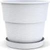 A white plastic plant pot with a matching saucer, shown against a white background. Produktbild-Vorschau