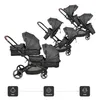 A collage of a twin stroller in different configurations, with icons below representing stages of child development. Produktbild-Vorschau