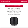 A list of compatible Fuji X cameras and a product image of a lens. Voir les images du produit