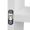 A close-up view of a white shelf with a metal hanging bracket attached by two blue screws. Voir les images du produit