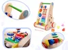 A collage of images showing a wooden baby walker with various educational toys and activities, including a xylophone, gears, and blocks. Náhled obrázku produktu