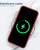 A red phone case is shown on a wireless charger, with the phone displaying a charging animation. Produktbild-Vorschau