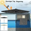 A split image showing a dark gray umbrella with LED lights in sunny and rainy conditions, with inset images of the umbrella in dark gray and beige. Produktbild-Vorschau