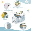 A child's desk and chair set with various features highlighted by callouts. Produktbild-Vorschau