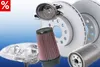 A collage of various car parts, including headlights, brake discs, an air filter, and an oil filter, with a red percentage sign in the top left corner. Produktbild-Vorschau