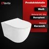 A white wall-mounted toilet is shown against a black background, with a red overlay on the right side detailing product specifications. Produktbild-Vorschau