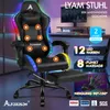 A gaming chair with LED lights and massage features, shown in a room setting with a desk and computer. Podgląd zdjęcia produktu