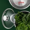 A close-up view of a glass lid and a pot filled with green leafy vegetables, with text overlay indicating 'glass lids'. Náhled obrázku produktu