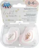 A package containing two pink and white baby pacifiers with gold accents. Produktbild-Vorschau