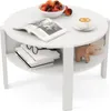 A white round coffee table with items on it, including books, glasses, a cup of coffee, and fruit. Produktbild-Vorschau