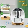 A kitchen appliance accessory, a wooden board with wheels, is shown in a kitchen setting, with close-up insets highlighting features. Produktbild-Vorschau