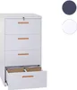 A white filing cabinet with four drawers, one of which is open, showing files inside. There are two circular color swatches to the right of the cabinet. Produktbild-Vorschau