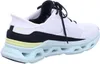 A side view of a white Skechers sneaker with black and light blue accents. Voir les images du produit