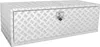 A silver aluminum truck underbody storage box with a diamond plate pattern and a lock on the front. Podgląd zdjęcia produktu