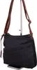 A dark blue handbag with brown leather straps displayed on a stand against a white background. Produktbild-Vorschau
