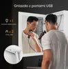 A man is shaving in front of a mirrored cabinet. Text overlays describe the features of the cabinet. Podgląd zdjęcia produktu