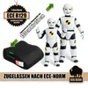 A car seat booster and two crash test dummies are shown with text overlays indicating safety certifications and size compatibility. Produktbild-Vorschau