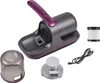 A collection of parts for a handheld vacuum cleaner, including the main unit, a dustbin, a filter, and a charging cable, arranged on a white background. Produktbild-Vorschau
