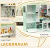 A collage of images showcasing a children's play kitchen and its features, with text labels in German. Produktbild-Vorschau