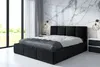 A modern bedroom with a black upholstered bed, marble-patterned walls, and large windows. Produktbild-Vorschau