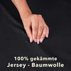 A hand resting on a black fabric surface with text overlay. Produktbild-Vorschau