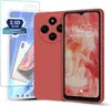 A red smartphone case and screen protector are displayed with a phone screen showing the time and date. Produktbild-Vorschau