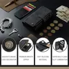 A flat lay of an iPhone wallet case with various accessories and currency. Produktbild-Vorschau