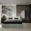 A modern bedroom with a bed, dresser, and vanity. Produktbild-Vorschau