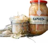 Two jars of sauerkraut are displayed on a burlap cloth with garlic and bay leaves. Produktbild-Vorschau