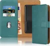 A teal flip case wallet for a smartphone, open to reveal credit card slots and banknotes. Voir les images du produit