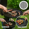 Collage, die eine schwarze Grillmatte aus Netz in Gebrauch zeigt, vorher und nachher, auf einem Holzkohlegrill mit Essen Productafbeelding-voorbeeld