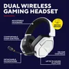 A white and black gaming headset is shown with various features highlighted by text labels and lines. Produktbild-Vorschau
