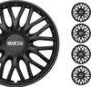 A large black wheel is shown on the left, with four smaller black wheels arranged vertically on the right side of the image. The wheels have a multi-spoke design and a central hub with the Sparco logo. Produktbild-Vorschau